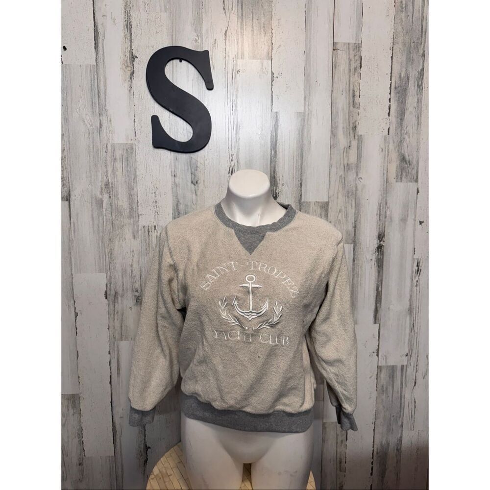 Saint Tropez Yacht Club Sweatshirt Womens Small Beige Grey Embroidered Crewneck